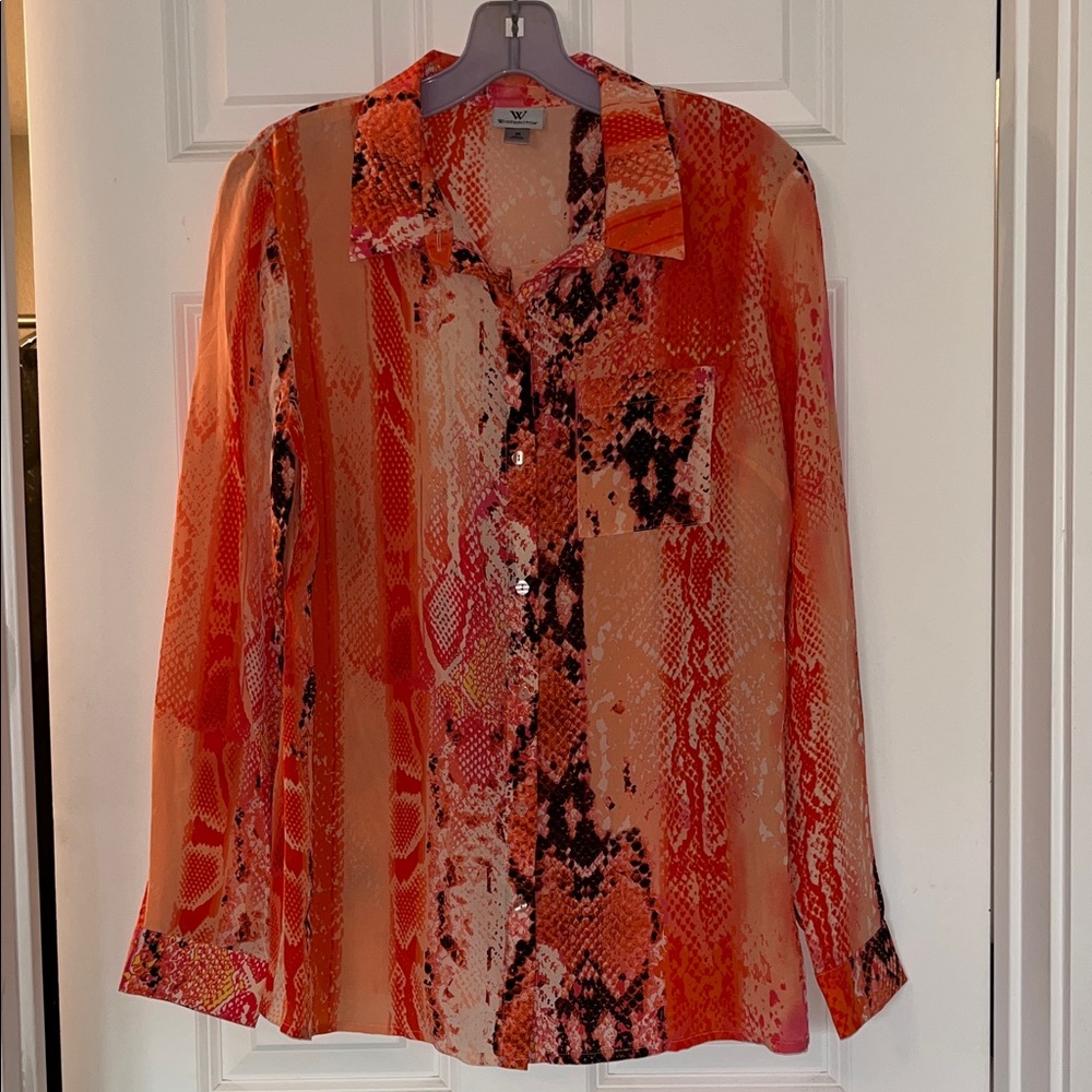 VIBRANT  🆒 ORANGE Sheer Snake Print Blouse WORTHINGTON MEDIUM